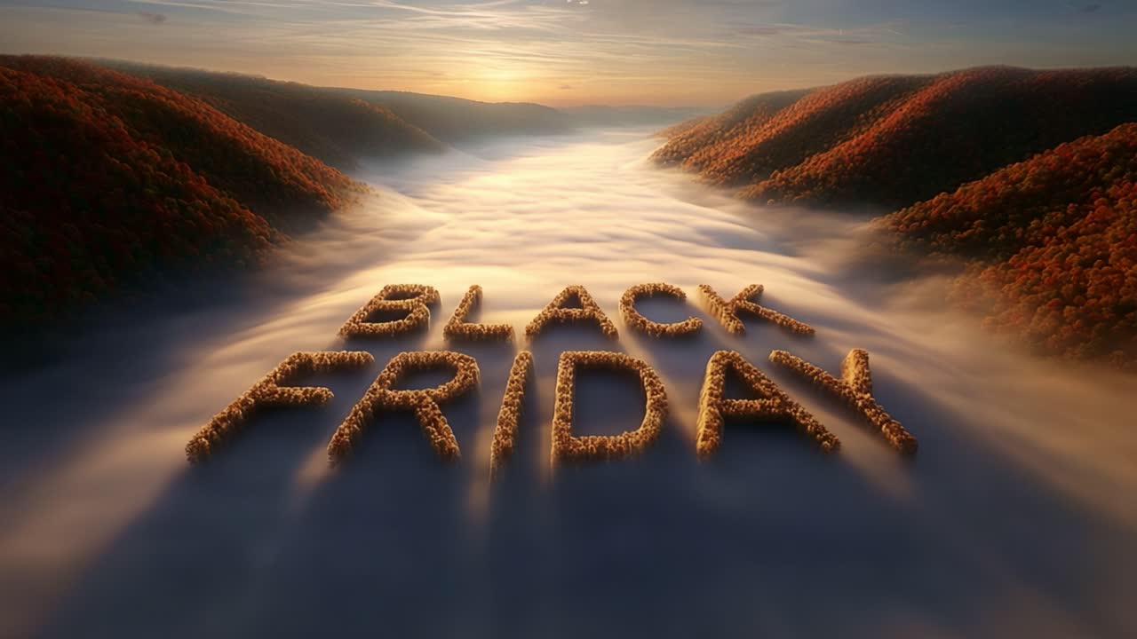 An Atmospheric Landscape Depicting a Creative Interpretation of Black Friday with Text Formed by Nature, Surrounded by Rolling Hills and Misty Waters Under a Beautiful Sunrise