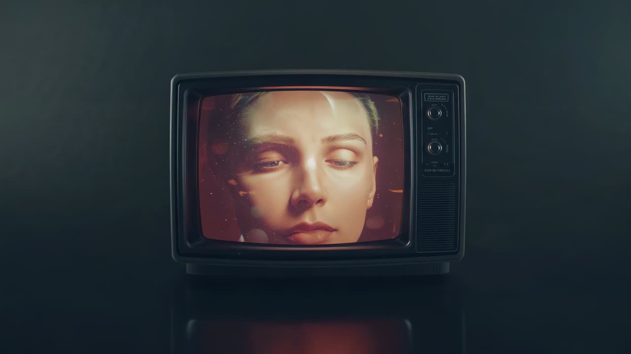 After signal glitch TV showing static flickering across woman's closed eyes in studio