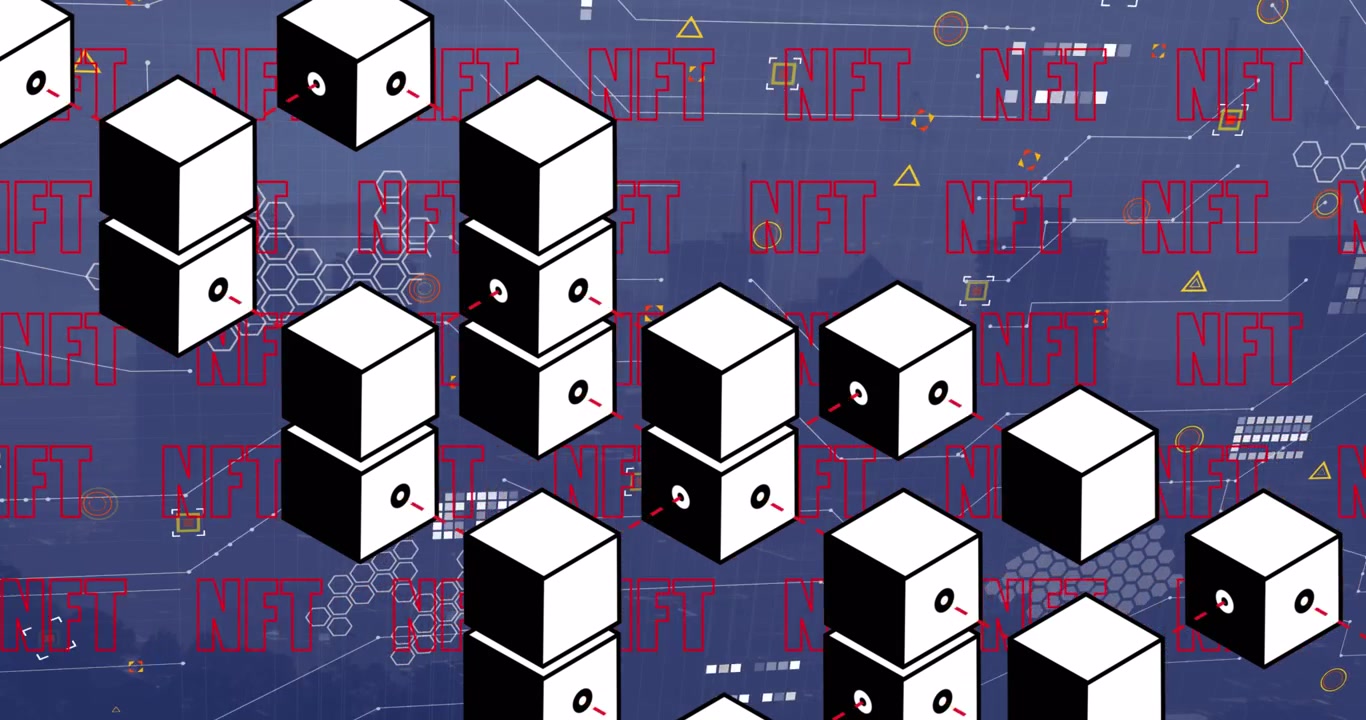 Animation of cubes and nft over blurred cityscape