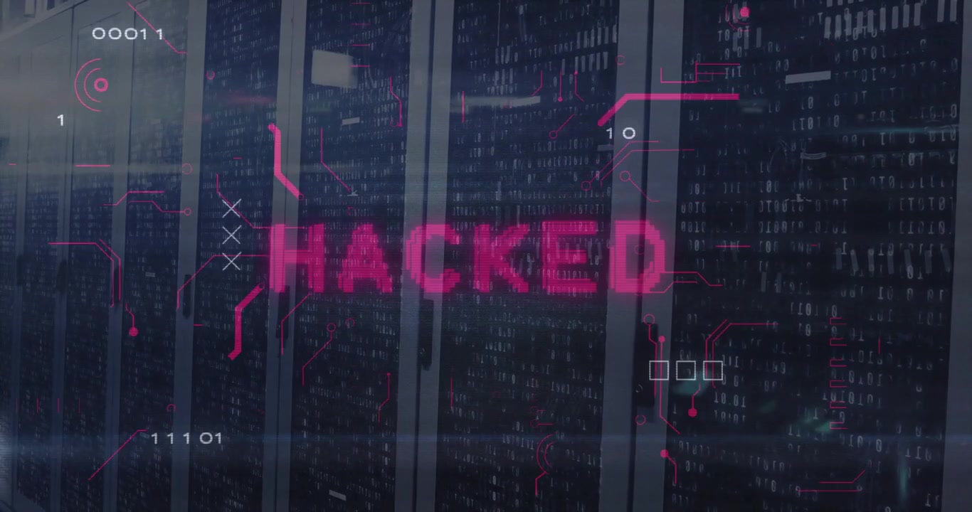 Cyber Security Concept with Hacked Text Overlay on Server Room Background