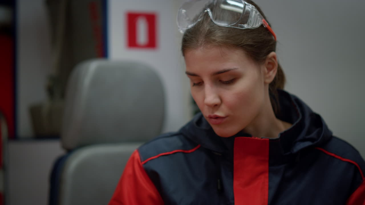 응급차에 앉아 있는 유니폼을 입은 구급대원. 의사가 동료와 이야기하고 있다.