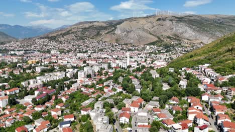 aerial drone view of mostar town city bosnia and herzegovina balkan country balkans old bridge neretva river stari most summer july
