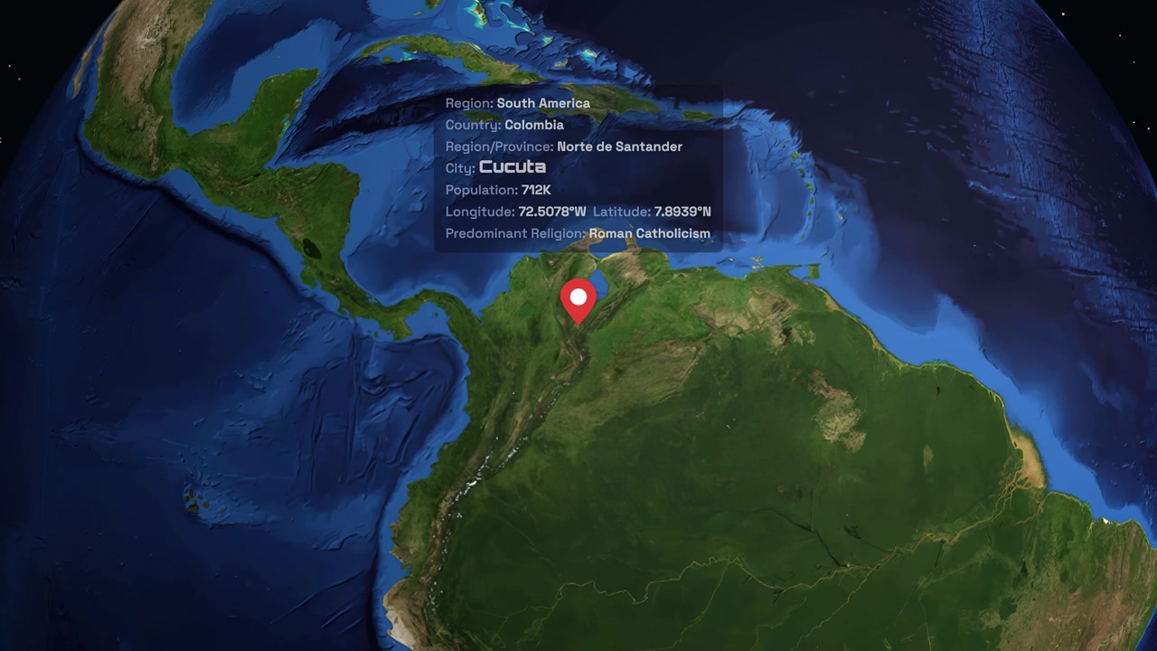 A digital globe rotates and zooms into Cucuta Colombia with an informative data overlay