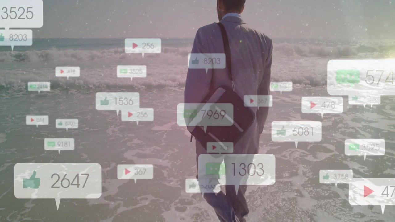 Uomo in abbigliamento business-casual che entra tra le onde, con bolle di notifica dei social media che salgono e poi svaniscono