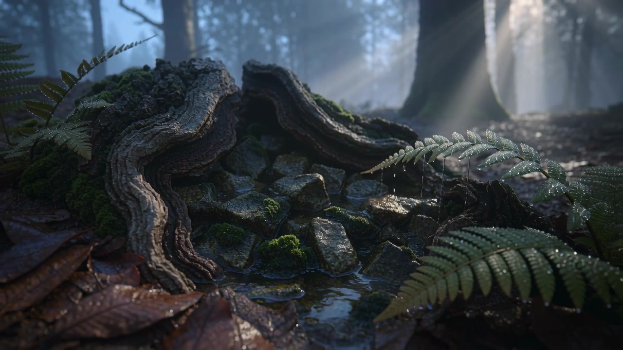 Falling drop from dewy fern making ripples in stump basin camera pulling back showing misty trunks
