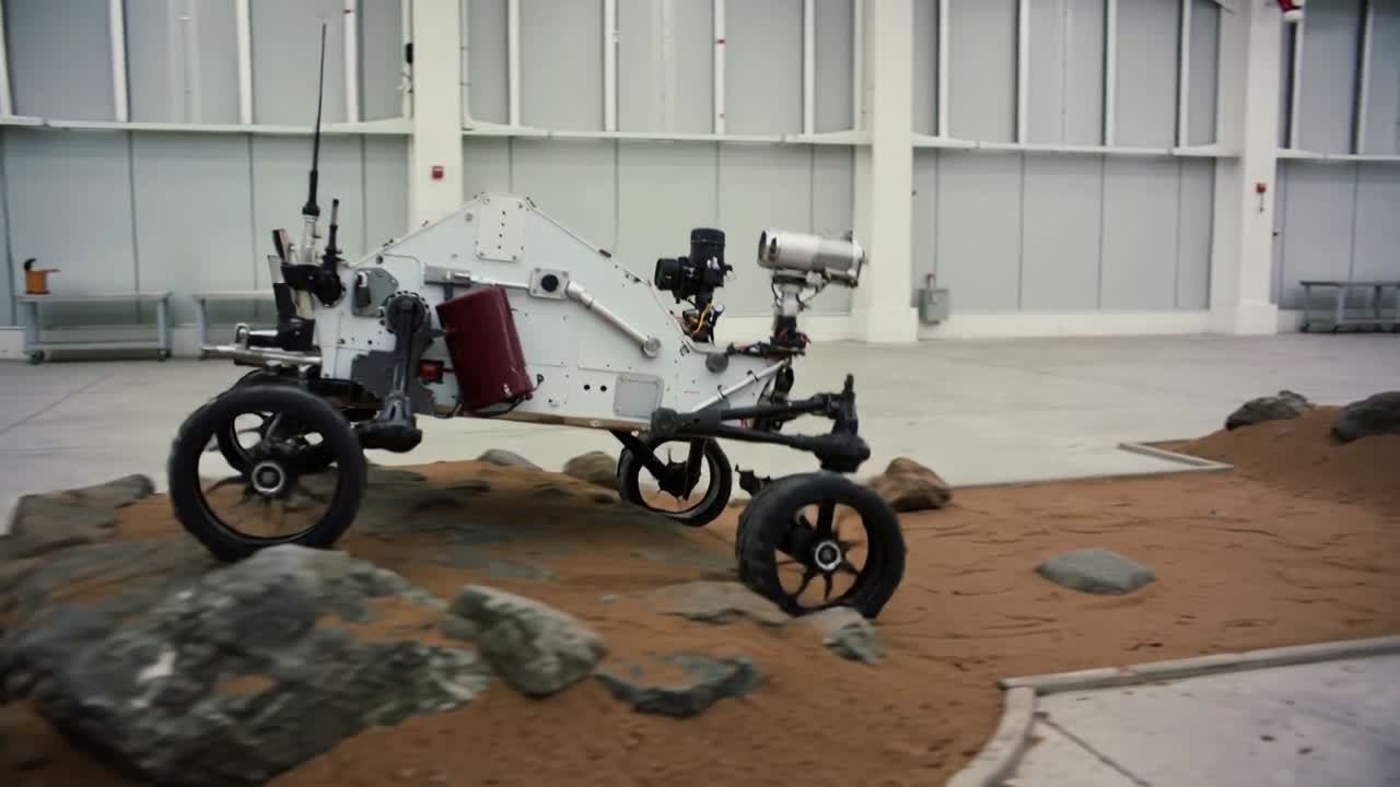 Avvio di una corsa di prova, rover a sei ruote che percorre un percorso all'interno di un hangar, con telecamera su albero e antenne.