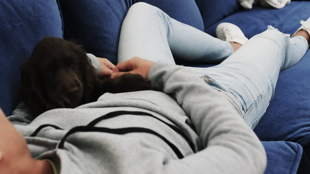 Relaxing on couch, Asian man cuddling with dog, enjoying cozy afternoon, at home