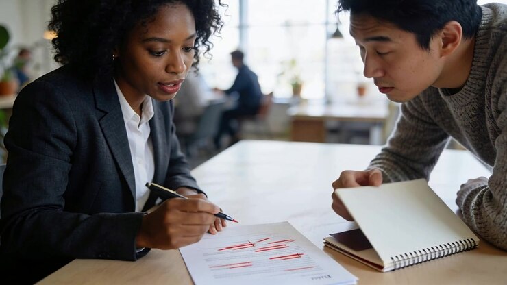 Woman writing with pen on marked document while colleague pointing near notebook, AI-generated