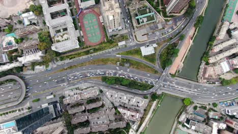 Traffic-in-downtown-Shenzhen,-China,-Aerial-view