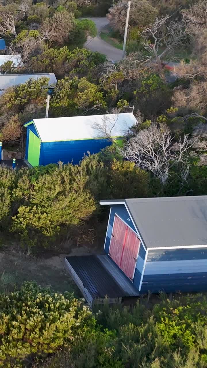 Una ripresa aerea con drone che mostra vivaci cabine da spiaggia circondate da fitti cespugli verdi costieri.