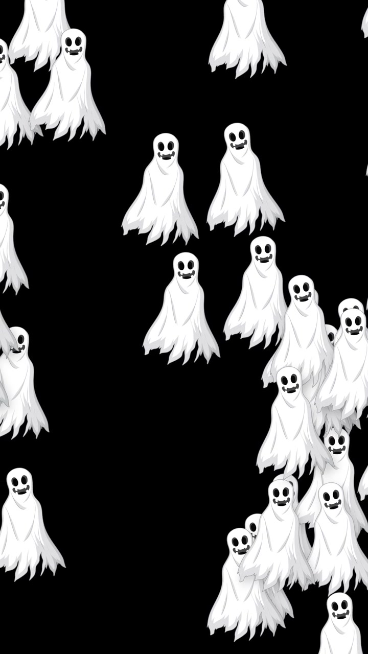 Animated white cartoon ghosts with friendly faces float vertically on a dark background.
