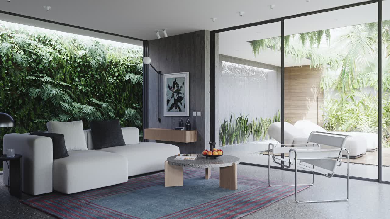 Interni di area relax in appartamento in stile loft con divano e pareti in vetro