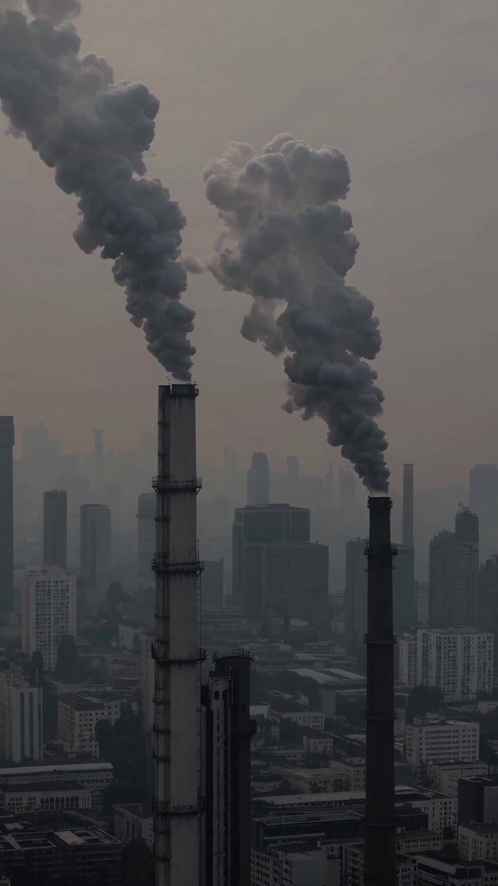 Industrial Smoke Stacks Emitting Thick Smoke Over City Skyline