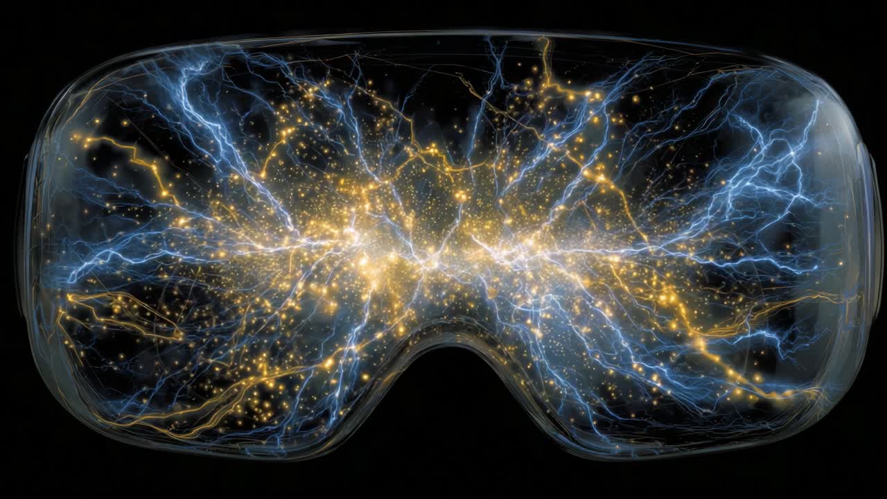 A Stunning Visual Representation of Electric Energy Patterns Within Futuristic Goggles, Showcasing an Intricate Web of Blue and Yellow Electric Currents Intertwined, Evoking a Sense of Dynamic Motion and Power
