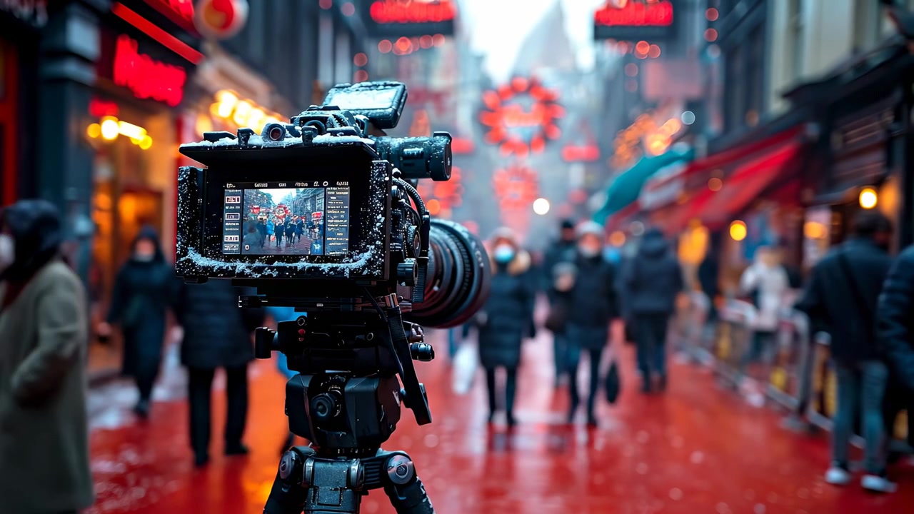 Professional cinema camera filming snow covered crowded winter street. Close up of a video camera on a tripod capturing a busy city street with red decorations and snow.