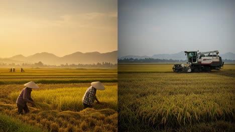 contrasting techniques in agriculture: traditional harvesting vs. modern machinery on a golden rice field at sunset