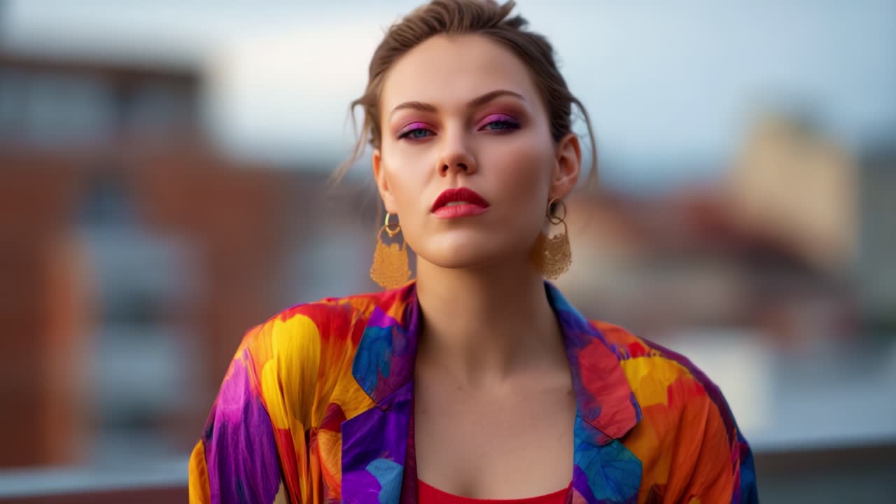 Splendido ritratto di una donna sicura di sé, con abiti colorati e un trucco audace che mette in risalto i suoi lineamenti su uno sfondo di paesaggio urbano