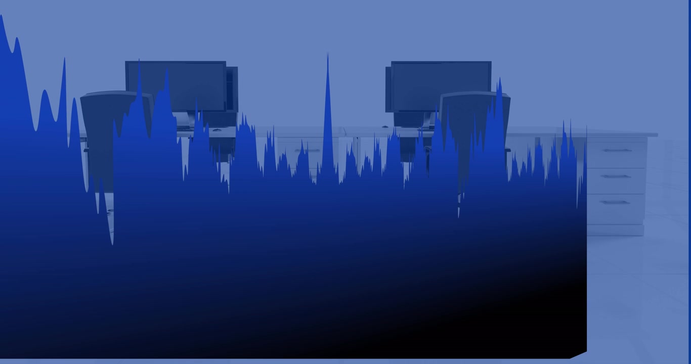 Animation af statistisk databehandling over en 3D-model af kontorborde mod en blå baggrund.