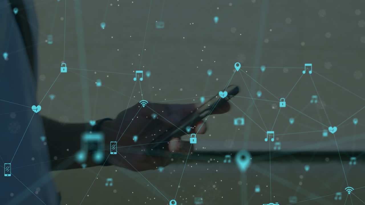 Network of digital icons against man using smartphone