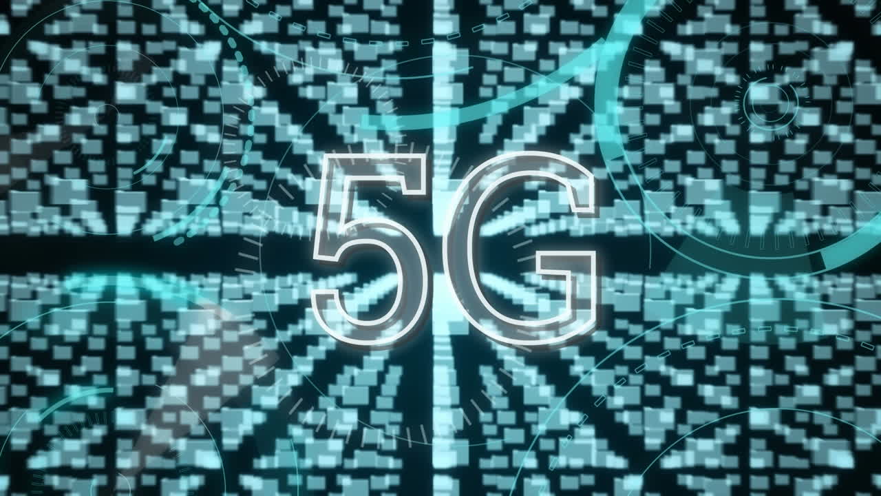 animazione di 5g, lucchetto digitale con circuito integrato su sfondo nero