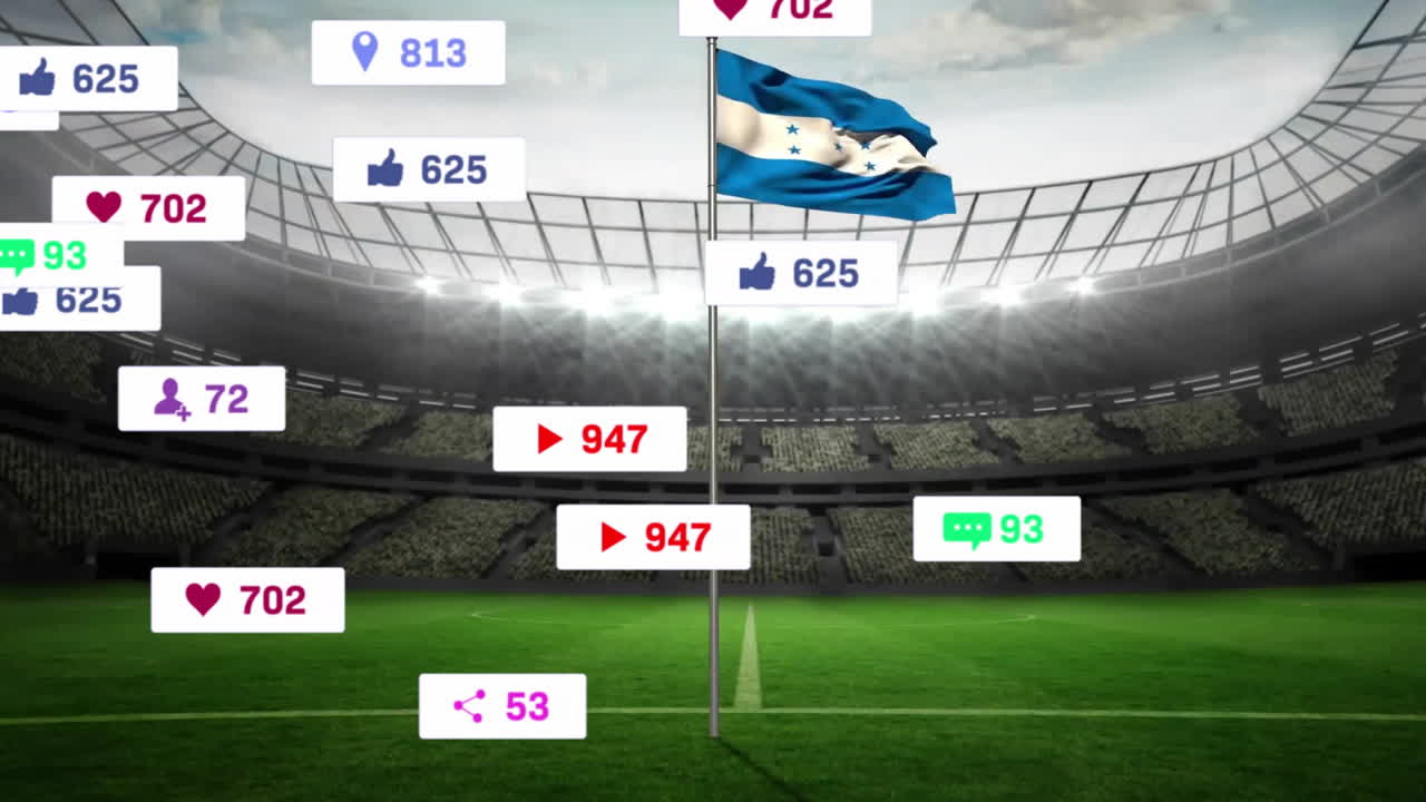 Honduras national flag flying over stadium pitch, with floating social media icons in flat design
