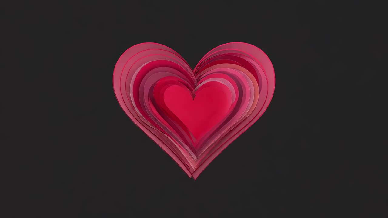 Expansión de un corazón con capas a partir de anillos concéntricos de papel cortado, que crece hacia fuera desde el centro sobre un fondo oscuro.