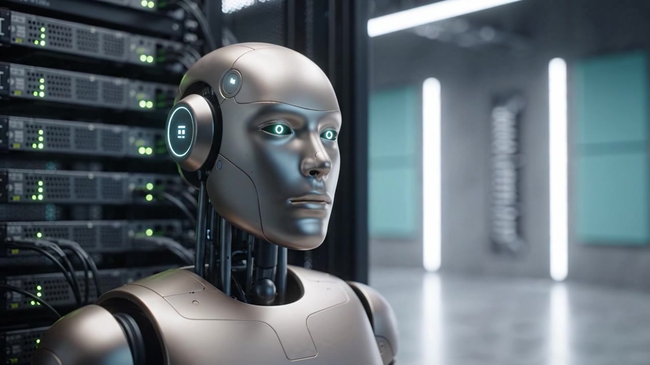 Futuristic humanoid robot with advanced AI technology stands near server racks in a high-tech environment, showcasing the intersection of robotics and computing.