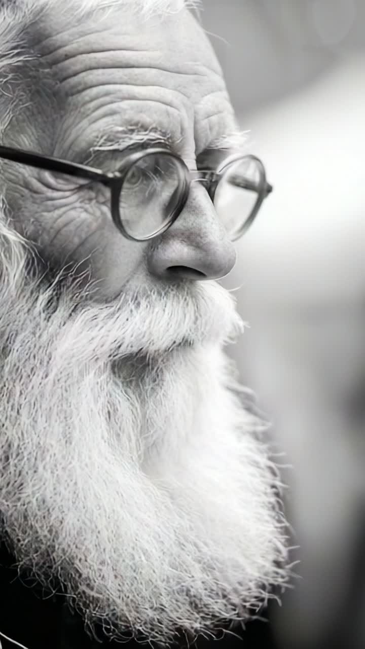 A Thoughtful Elderly Man with Distinctive Glasses and a Lush White Beard Ponders the World, Sharing Insights Through His Wise and Expressive Gaze