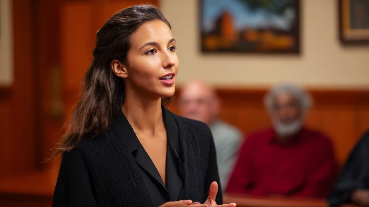 An Engaging Female Speaker Making a Compelling Argument in a Courtroom Setting, Captivating the Attention of the Audience, Including Individuals in the Background Observing the Proceedings