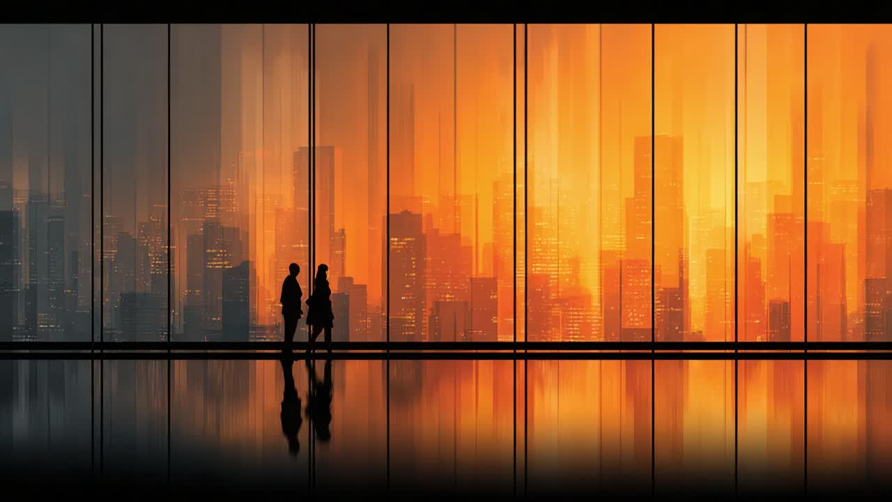 Atardecer urbano espectacular: figuras en silueta caminan sobre un horizonte urbano vibrante con ventanas iluminadas, que reflejan una hermosa combinación de colores en un entorno moderno
