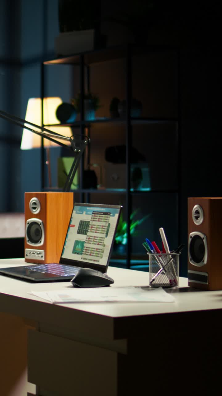 Desk setup with laptop, speakers, and office supplies