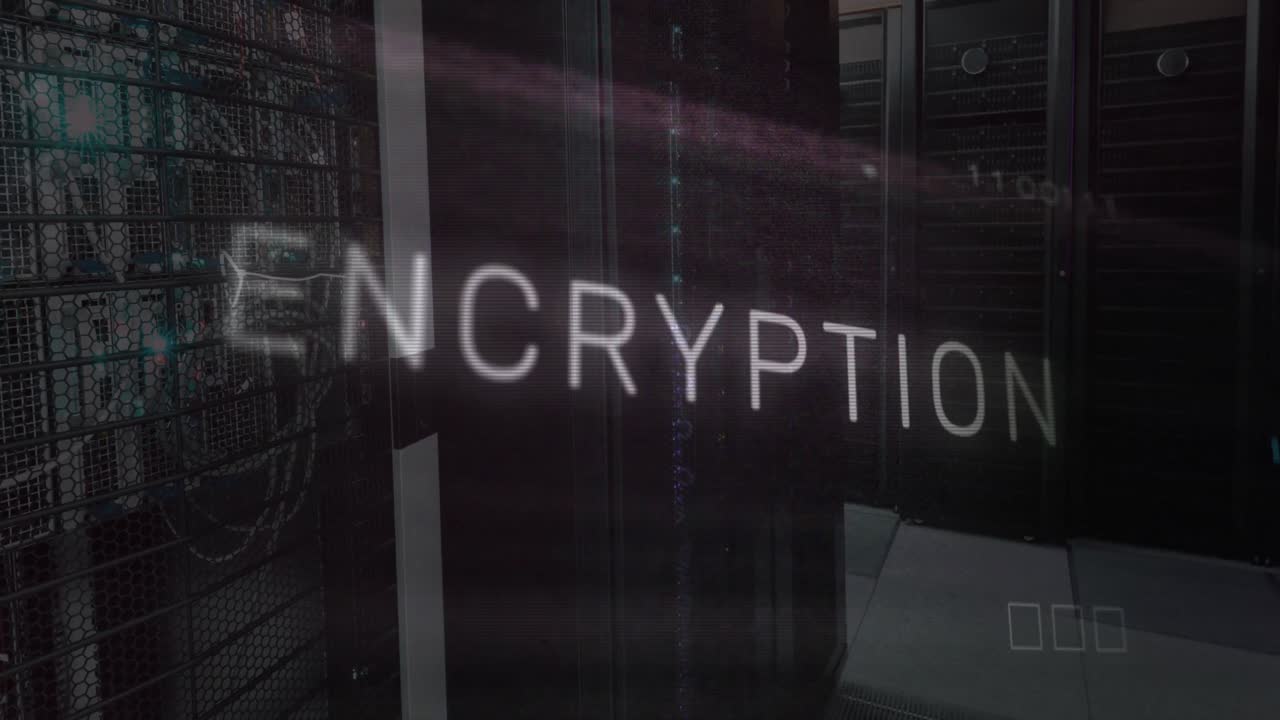 Animation of encryption text, binary codes, circuit board pattern over server room