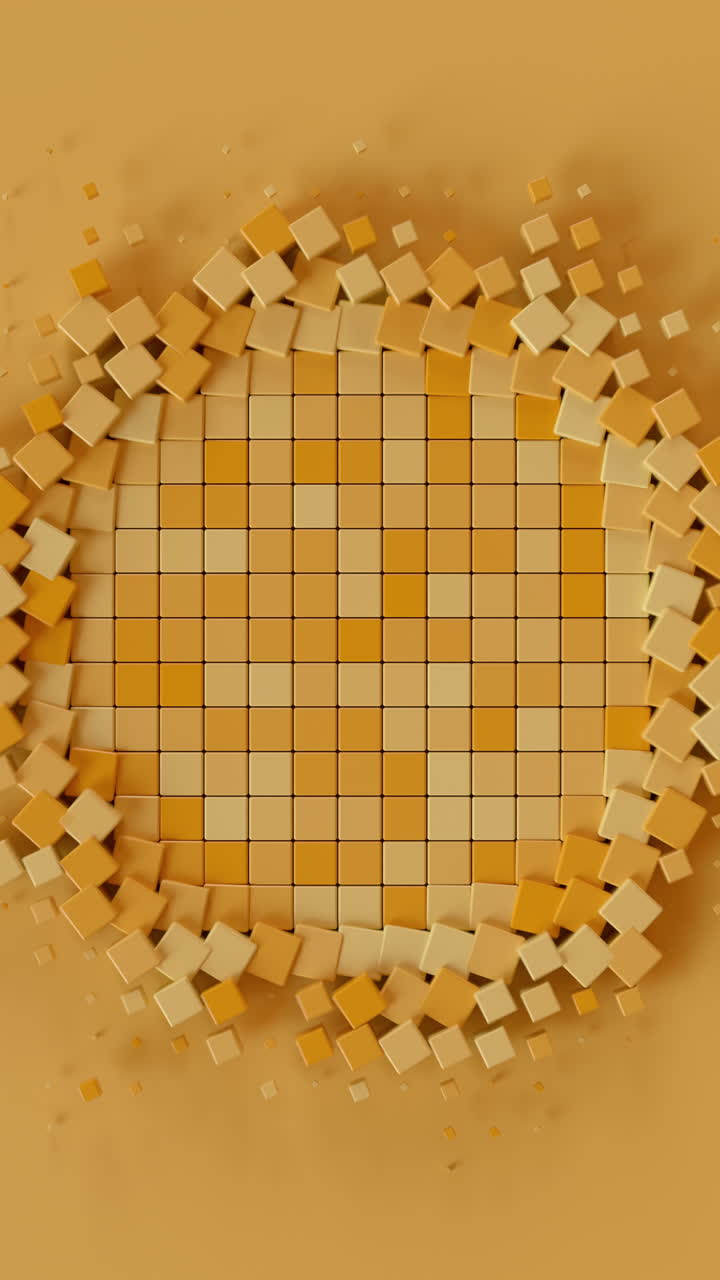Abstract Exploding Vertical Cube Ring with Warm Orange Tones. Looped 3D rendering