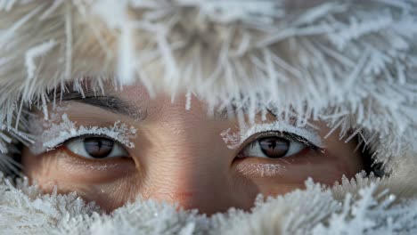 polar explorer standing amid antarctic landscape, freezing temperatures causing delicate ice crystals forming on eyelashes and eyebrows while gazing intently at camera