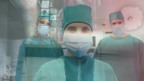 animación de médicos con máscaras faciales sobre personas en movimiento rápido caminando por una calle.