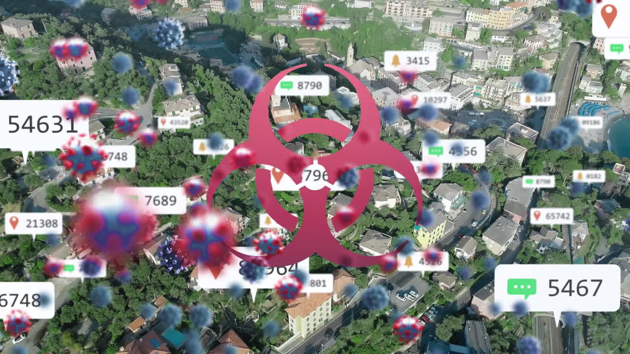 символ биоопасности и клетки ковид-19 над цифровым значком с увеличением числа против городского пейзажа
