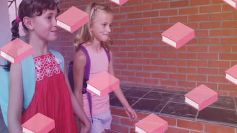 animation of books over caucasian schoolgirls walking on corridor