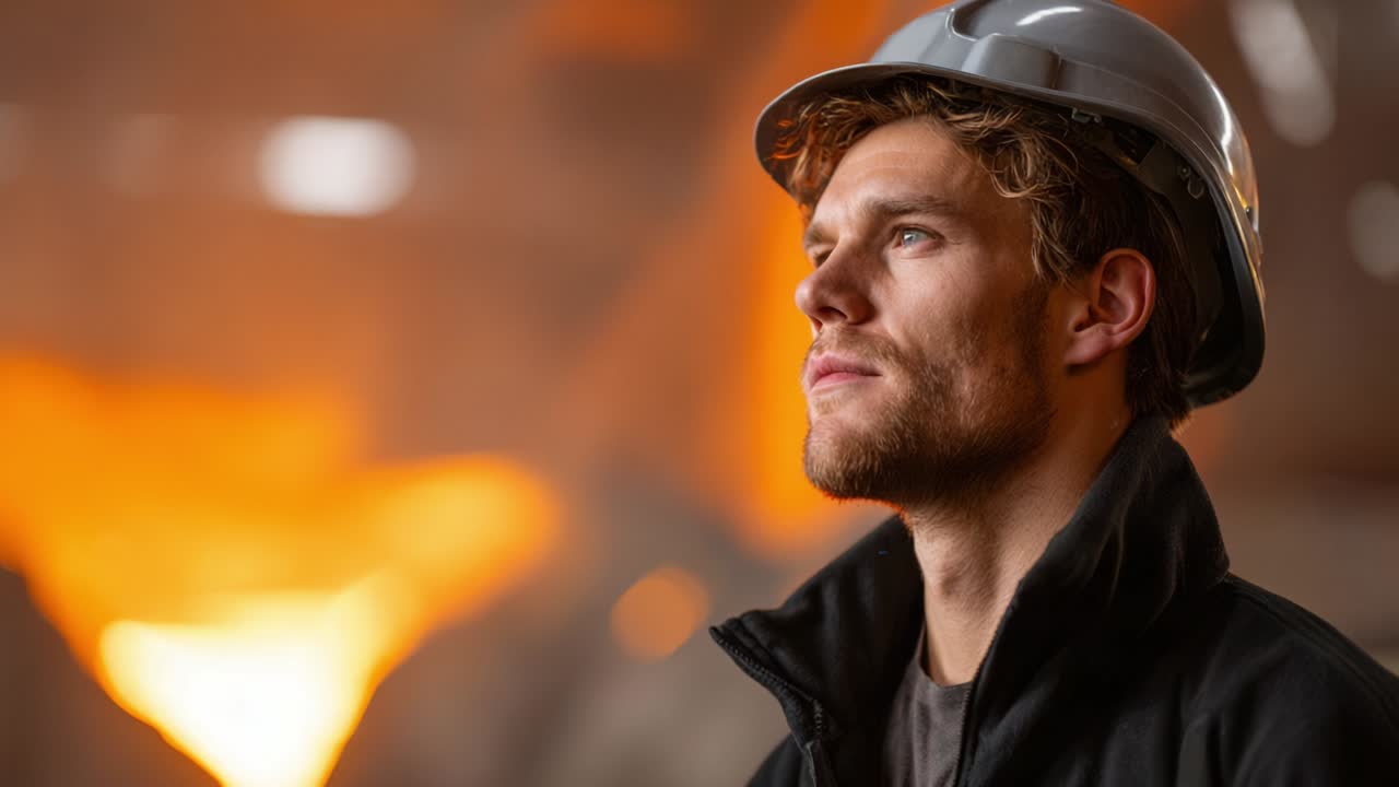 Refleksion: En arbejder i sikkerhedsudstyr overvejer sin rolle i et dynamisk miljø, maskeret af varm belysning og industriel atmosfære