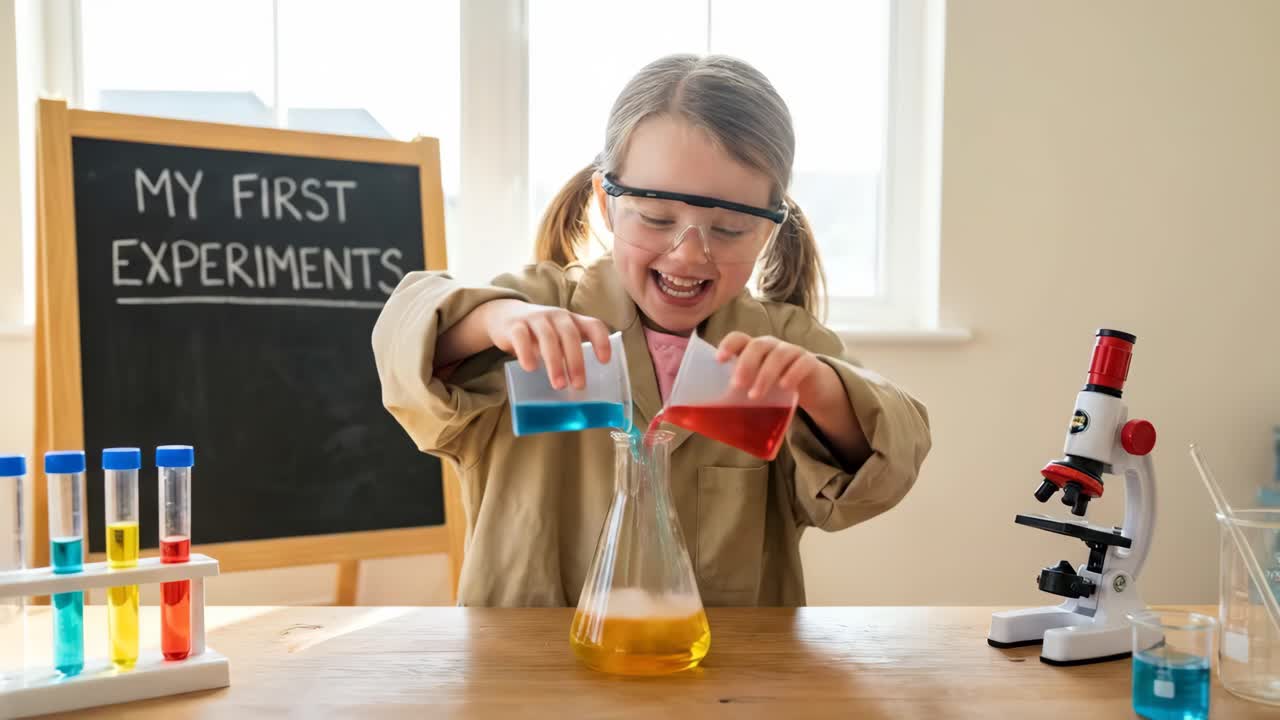 Excited Young Girl Performs Colorful Science Experiment at Home