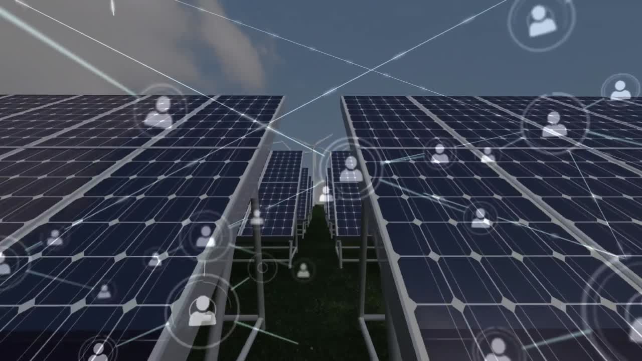 Animation of network of connections with icons over solar panels