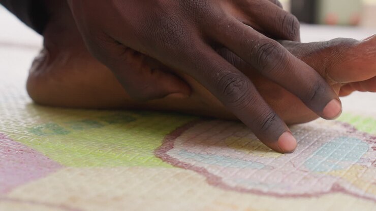 Selfmassage and soothing after workout session. Closeup of athlete relaxing on textured mat after training. Athlete practicing selfcare on textured surface to aid recovery and relaxation