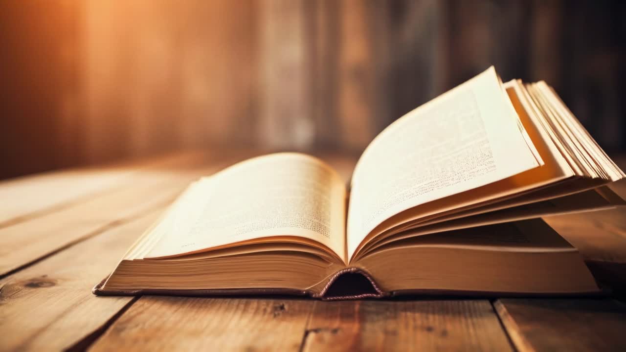Warm-toned video frame of an open book on a wooden table, captured from a low angle