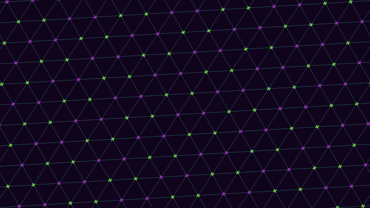 Abstract footage of a glowing geometric network grid with neon nodes and connecting lines on a dark background, ideal for technology, data, AI, and digital design