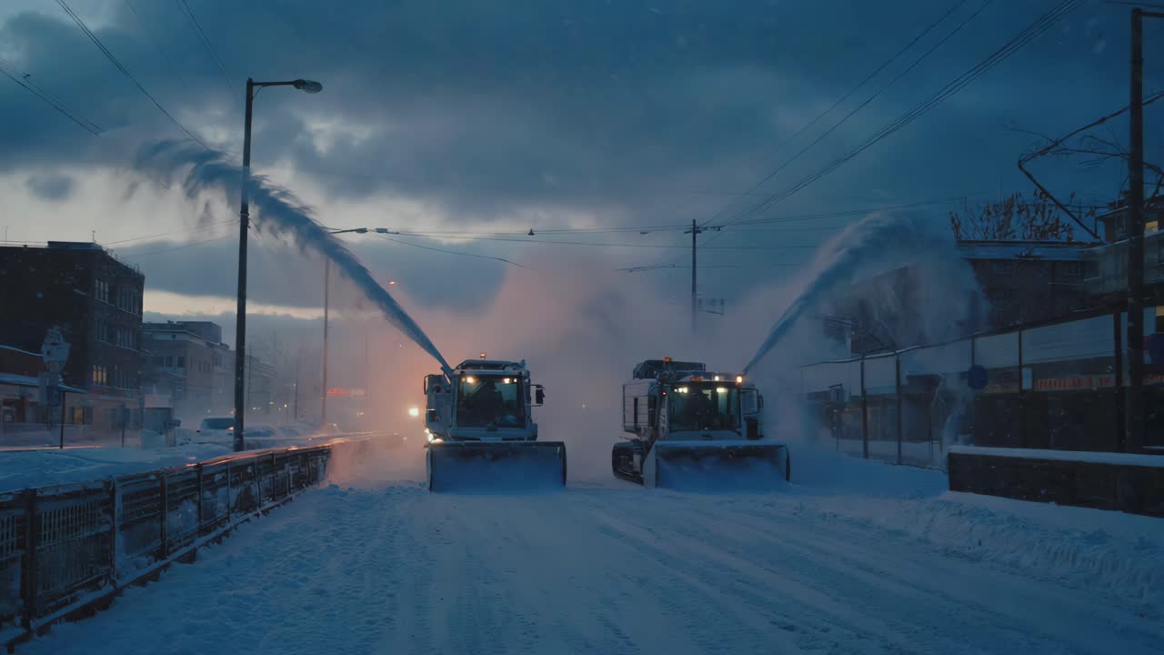 Snowplows clearing a street at dawn