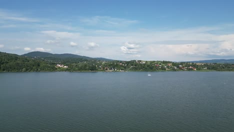 Landscape-of-majestic-Zywiec-lake-in-Beskid-mountains---aerial-4K