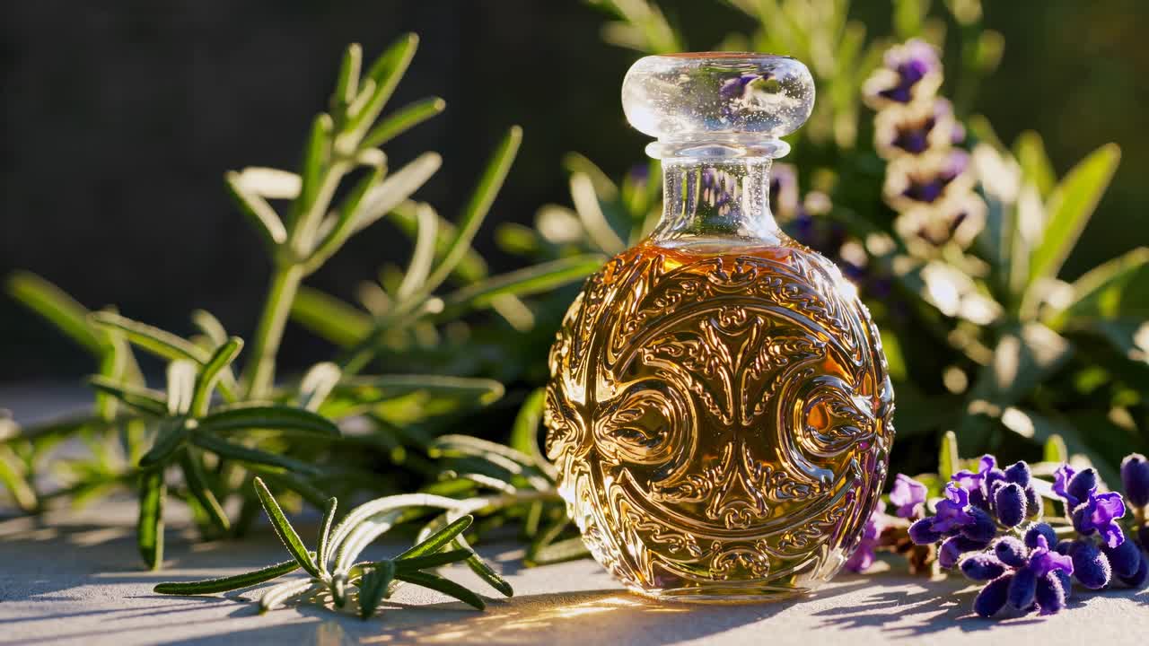 Angolazione video ravvicinata di un flacone di profumo decorato, circondato da rosmarino e lavanda