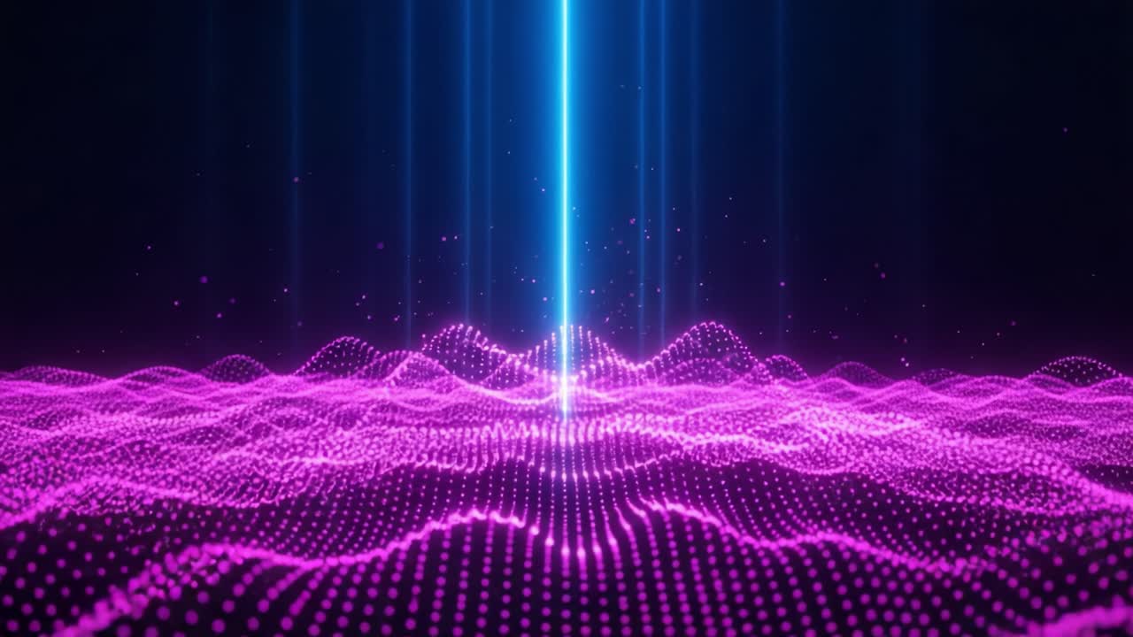 A Stunning Visualization of Digital Waves with a Central Blue Beam Illuminating a Sea of Vibrant Pink Light Pixels Representing Technology and Innovation