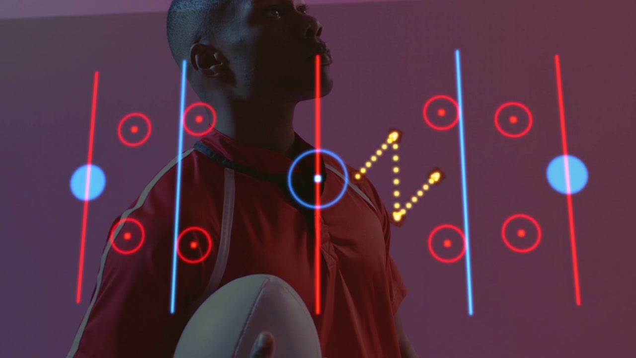 Vertikal video: Spiller holder bold, mens en rød linje starter HUD på brystet, mens hovedet løftes til sport