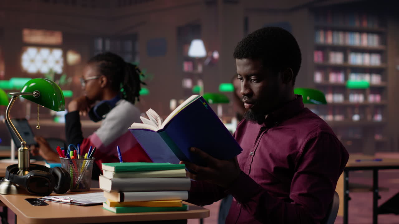 Vertical video young girl reading a literature book to collect citations for her bachelor paper