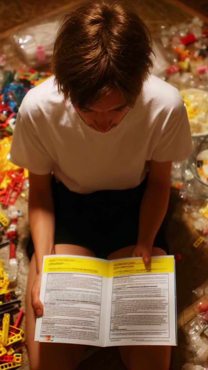 A young person intently reading an instruction manual while surrounded by colorful building blocks, demonstrating concentration and creativity in a vibrant and engaging environment filled with playful materials